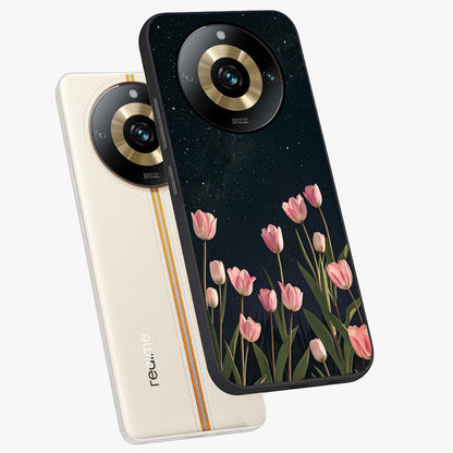 Midnight Tulip Whispers Vibe Glass Case displayed in angled mockup highlighting delicate tulip design with midnight floral aesthetic.