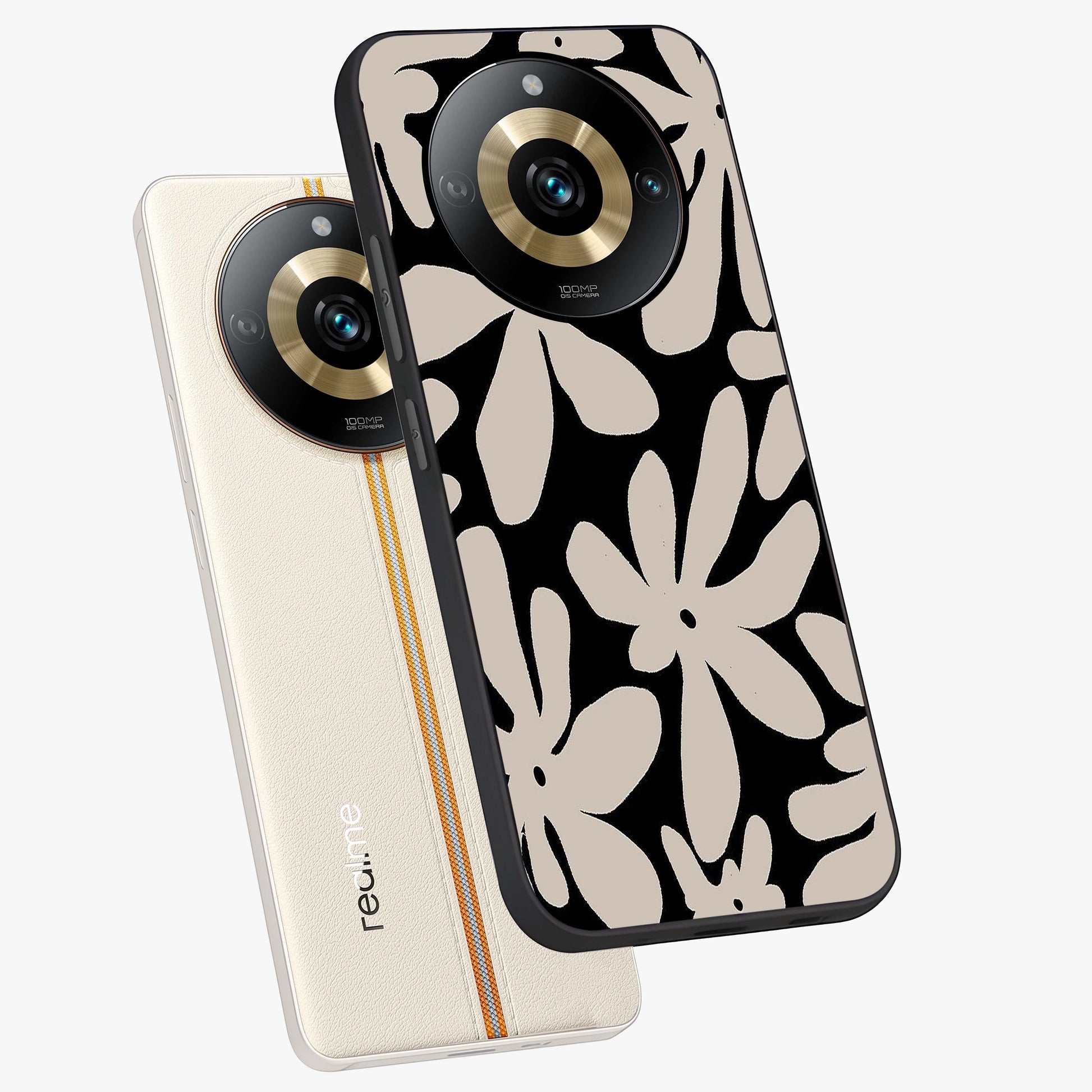 Monochrome Petal Dance Glass Case displayed in angled mockup highlighting elegant petal design with black and white aesthetic.
