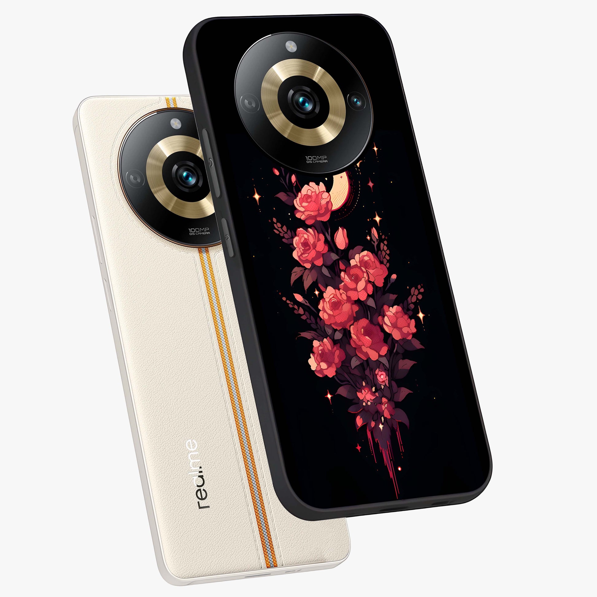 Moonlit Floral Elegance Glass Case displayed in angled mockup highlighting graceful flower design with soft moonlight aesthetic.