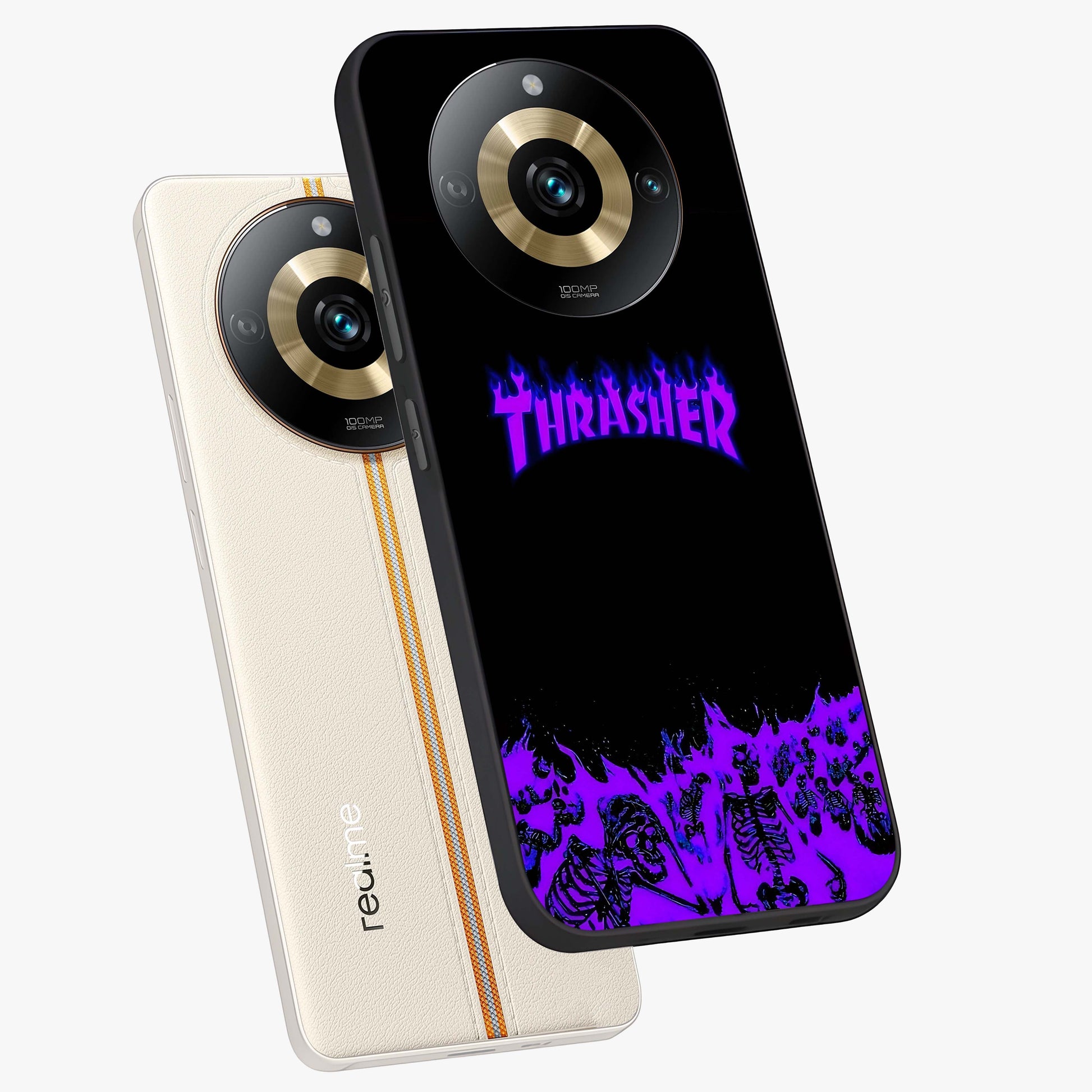 Neon Flame Riot Glass Case displayed in angled mockup highlighting glowing flame design with vibrant neon aesthetic.