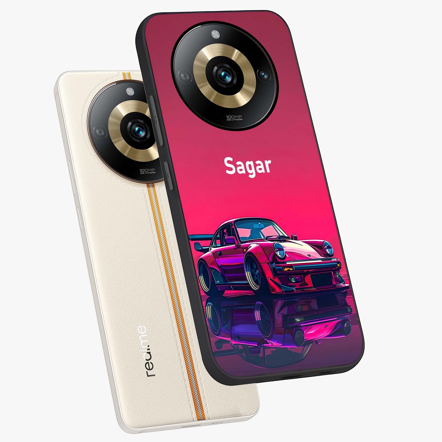 Neon Pink Porsche Glass Case displayed in angled mockup highlighting sleek neon pink car design with racing aesthetic.