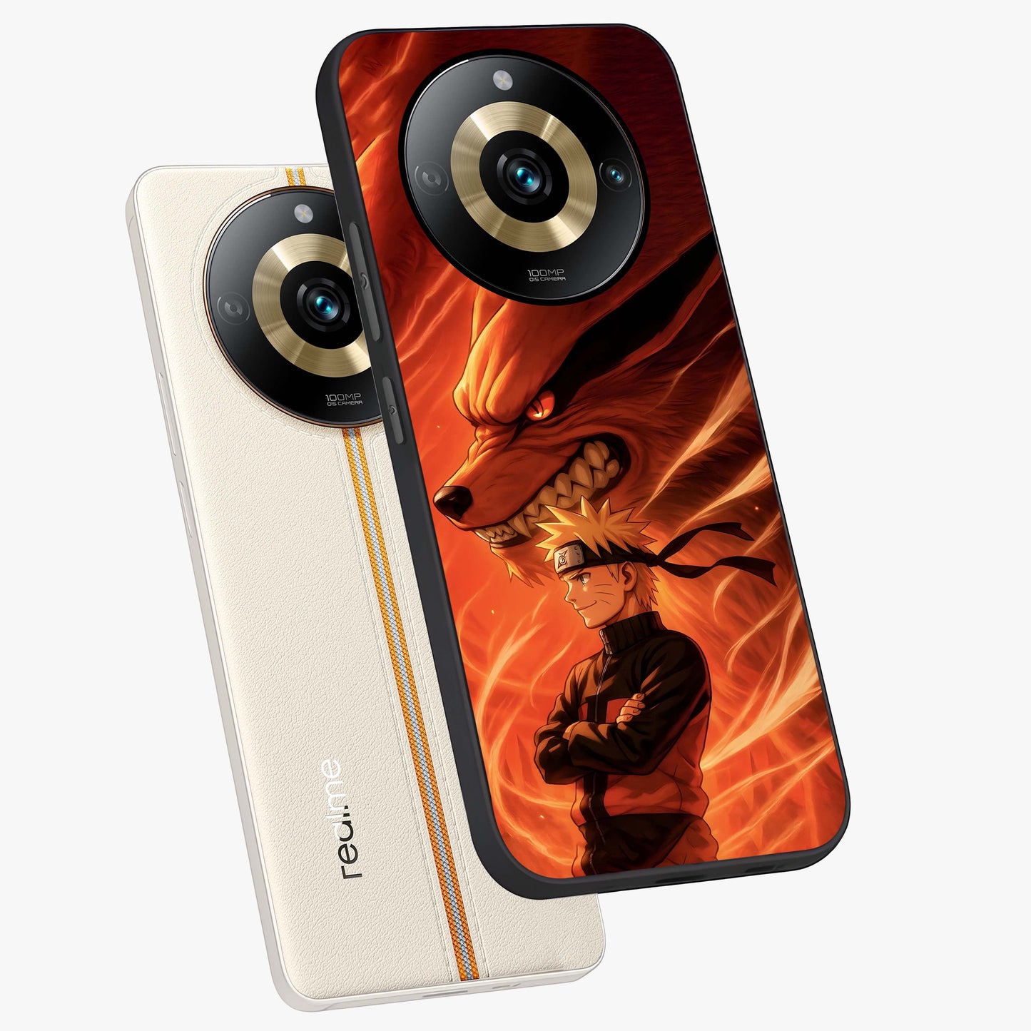 Nine Tails Legacy Glass Case displayed in angled mockup highlighting dynamic anime beast illustration with bold mystical aesthetic.