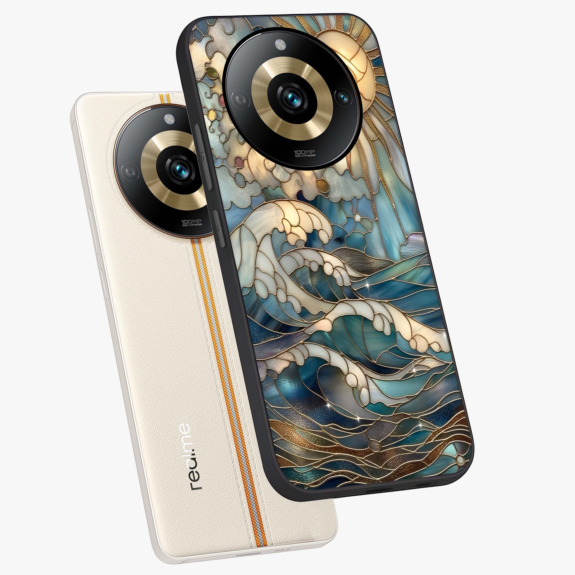 Oceanic Stained Printed Glass Case displayed in angled mockup highlighting colorful aquatic design with artistic aesthetic style.