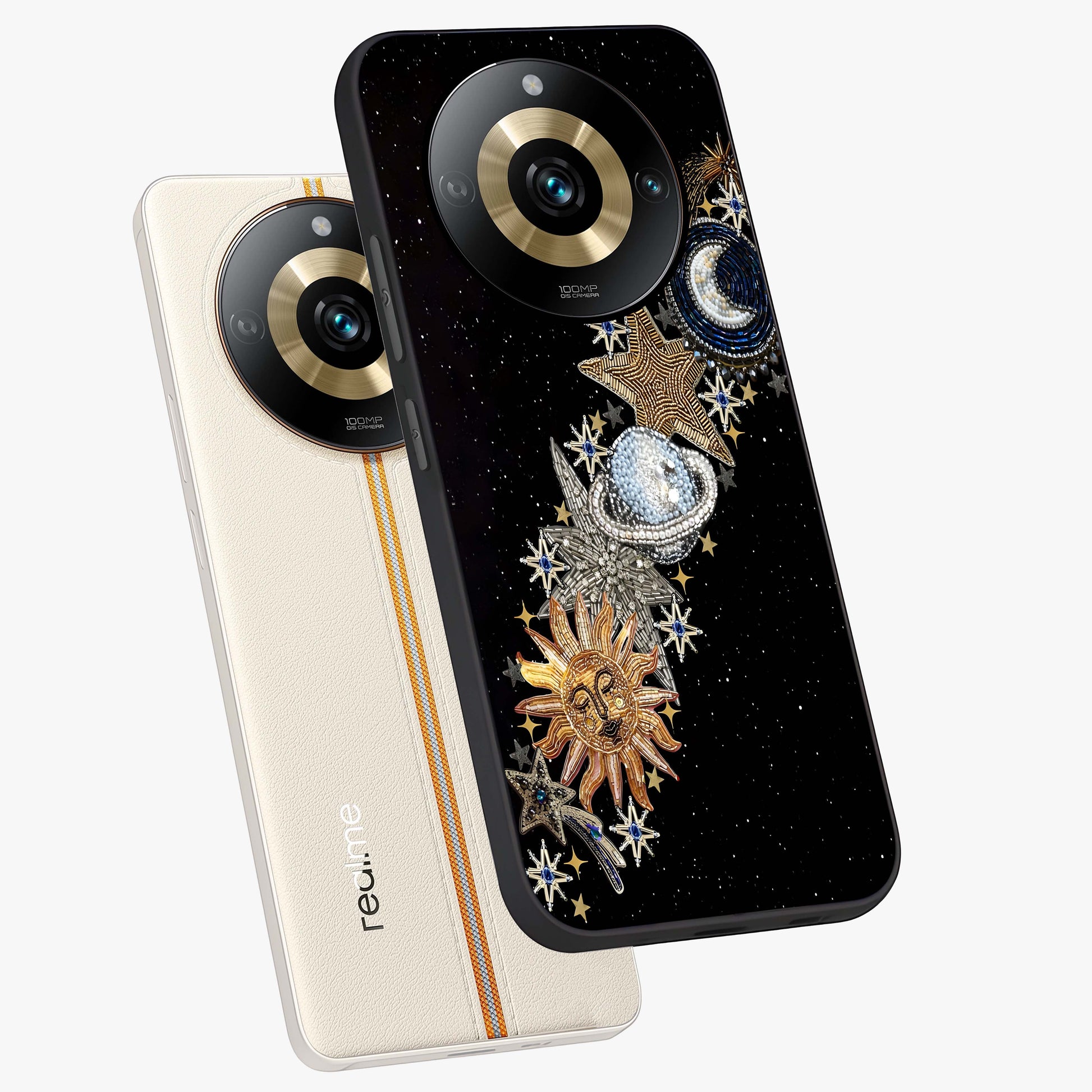 Pearls Universe Object Glass Case displayed in angled mockup highlighting celestial pearl design with dreamy aesthetic.