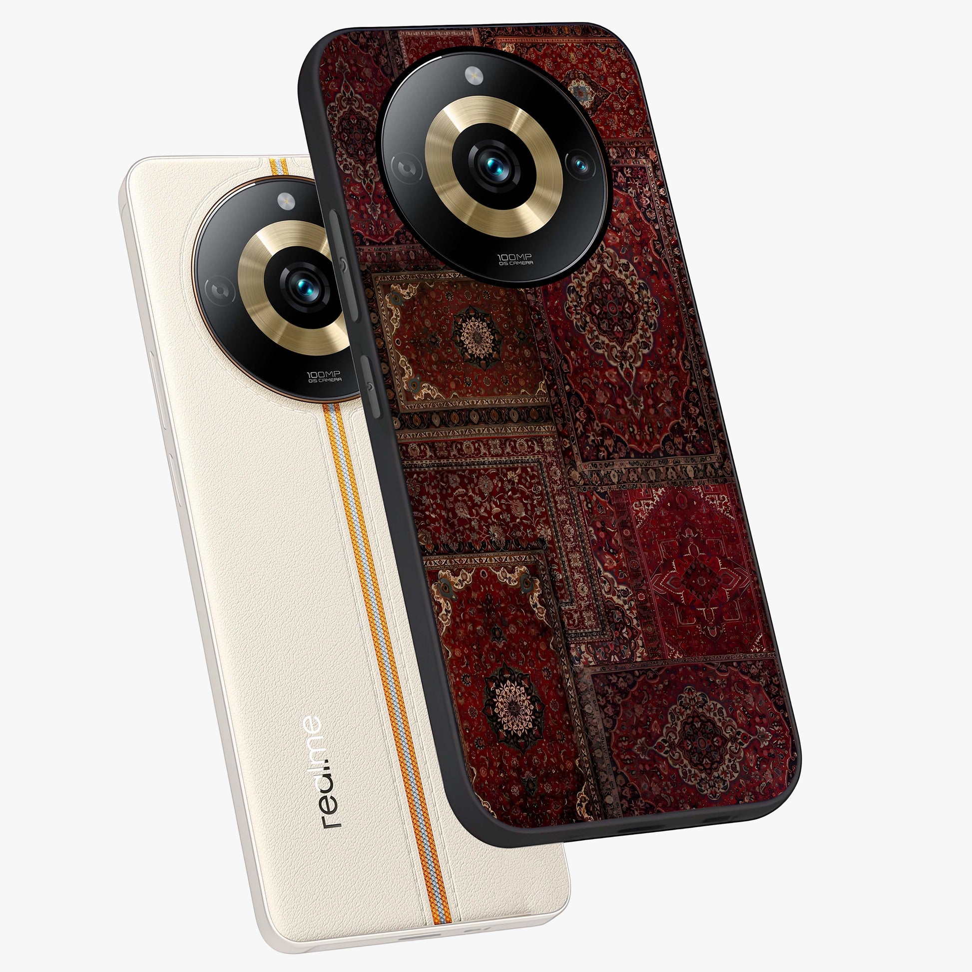 Persian Velvet Tale Glass Case displayed in angled mockup highlighting ornate textile inspired design with royal aesthetic.