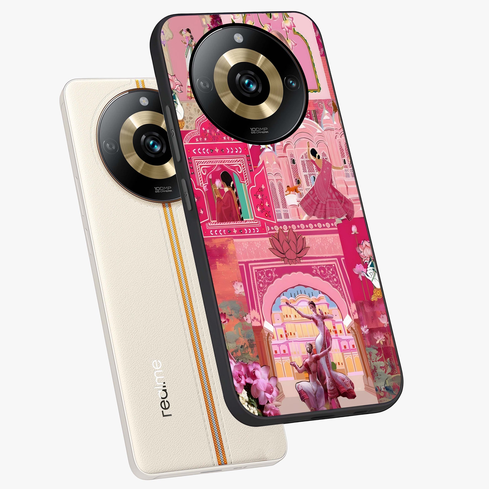 Pink Palace Muse Glass Case displayed in angled mockup highlighting dreamy palace illustration with soft pink aesthetic.