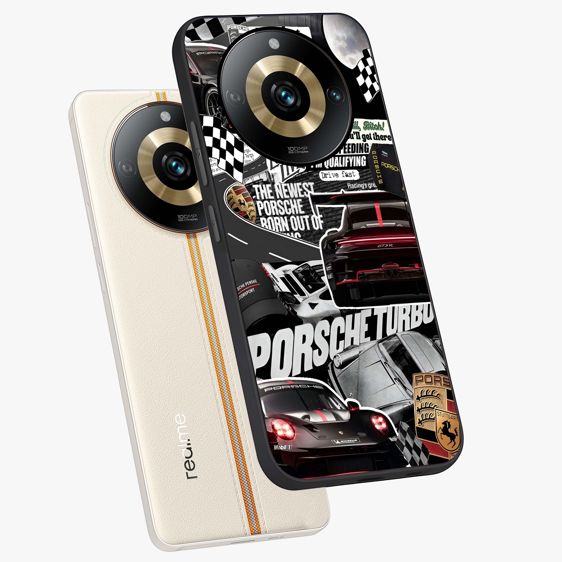 Porsche Racing Collage Glass Case displayed in angled mockup highlighting dynamic automotive design with bold racing aesthetic.
