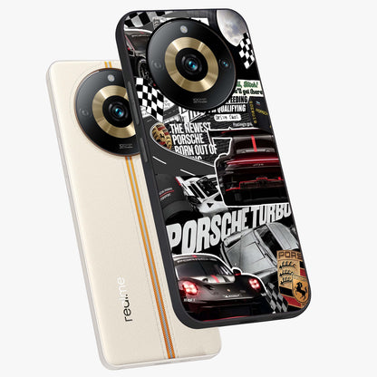 Porsche Racing Collage Glass Case displayed in angled mockup highlighting dynamic automotive design with bold racing aesthetic.
