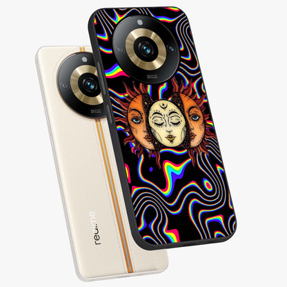 Psychedelic Sun Glass Case displayed in angled mockup highlighting vibrant abstract sun design with artistic aesthetic style.
