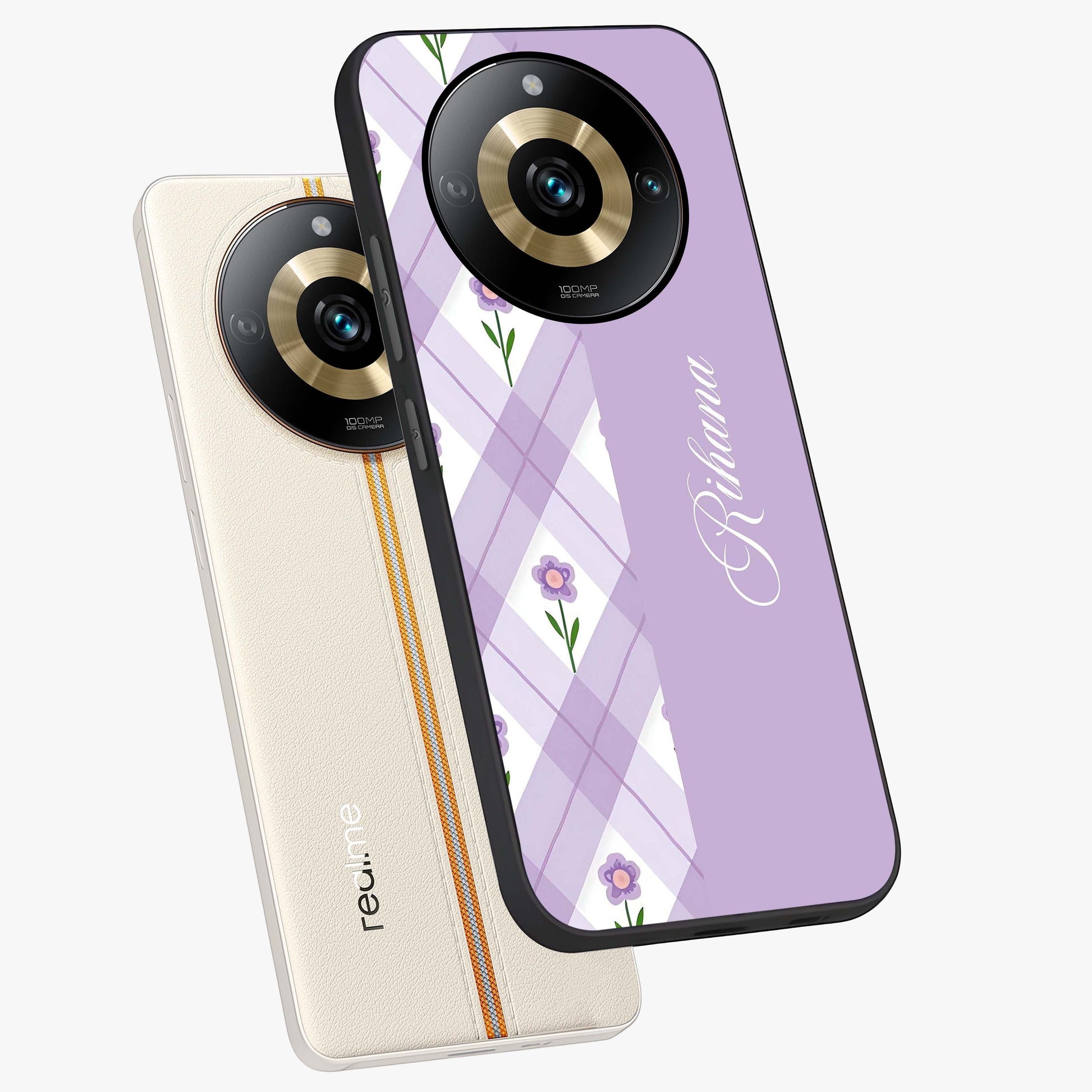 Purple Diamond Floral Glass Case displayed in angled mockup highlighting elegant purple flower design with decorative pattern.
