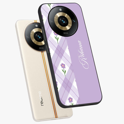 Purple Diamond Floral Glass Case displayed in angled mockup highlighting elegant purple flower design with decorative pattern.