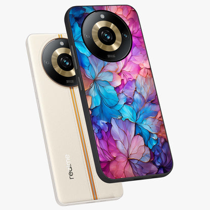 Radiant Floral Whirl Glass Case displayed in angled mockup highlighting vibrant flower pattern with dynamic artistic aesthetic.