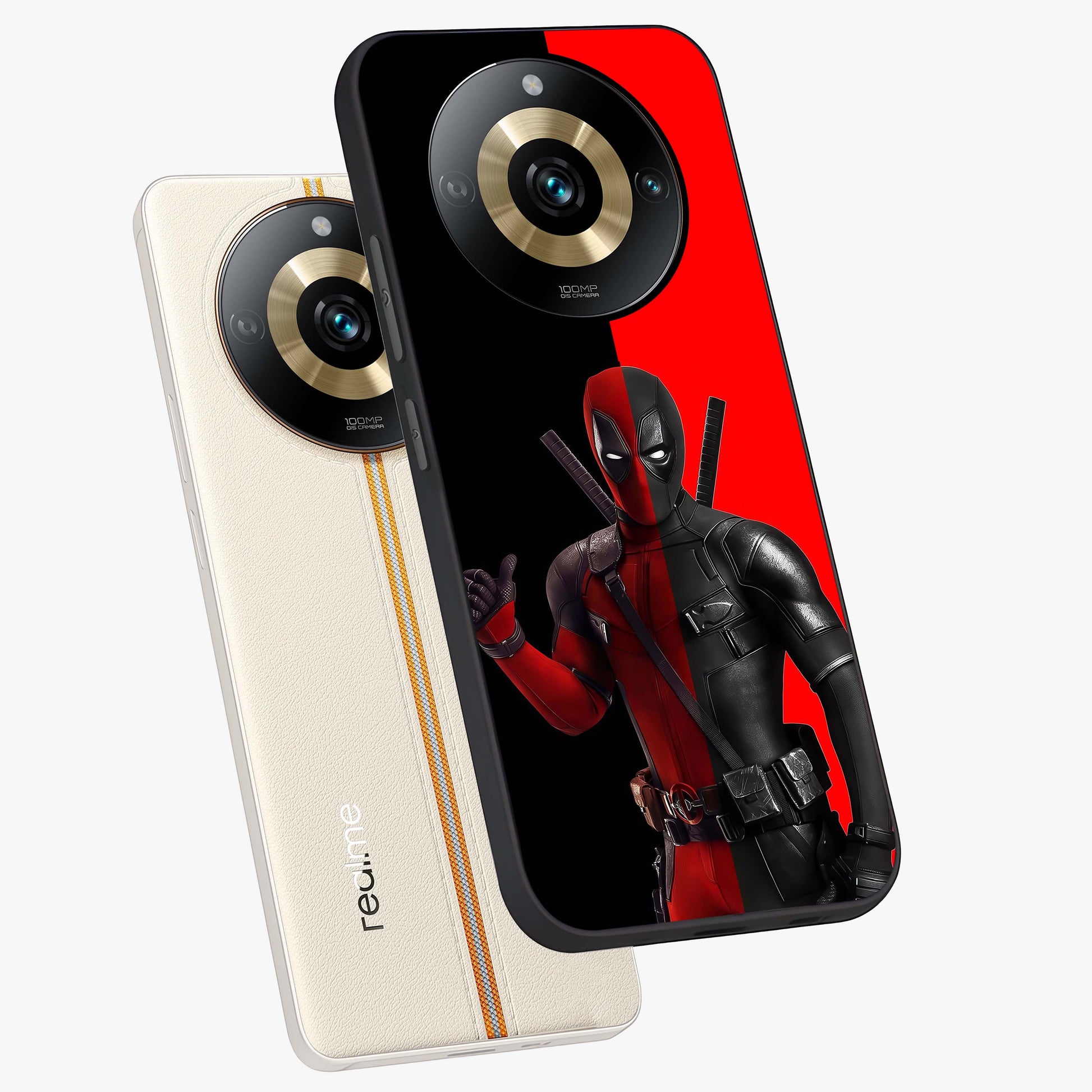 Red & Black Deadpool Theme Glass Case displayed in angled mockup highlighting vibrant superhero style illustration with action aesthetic.