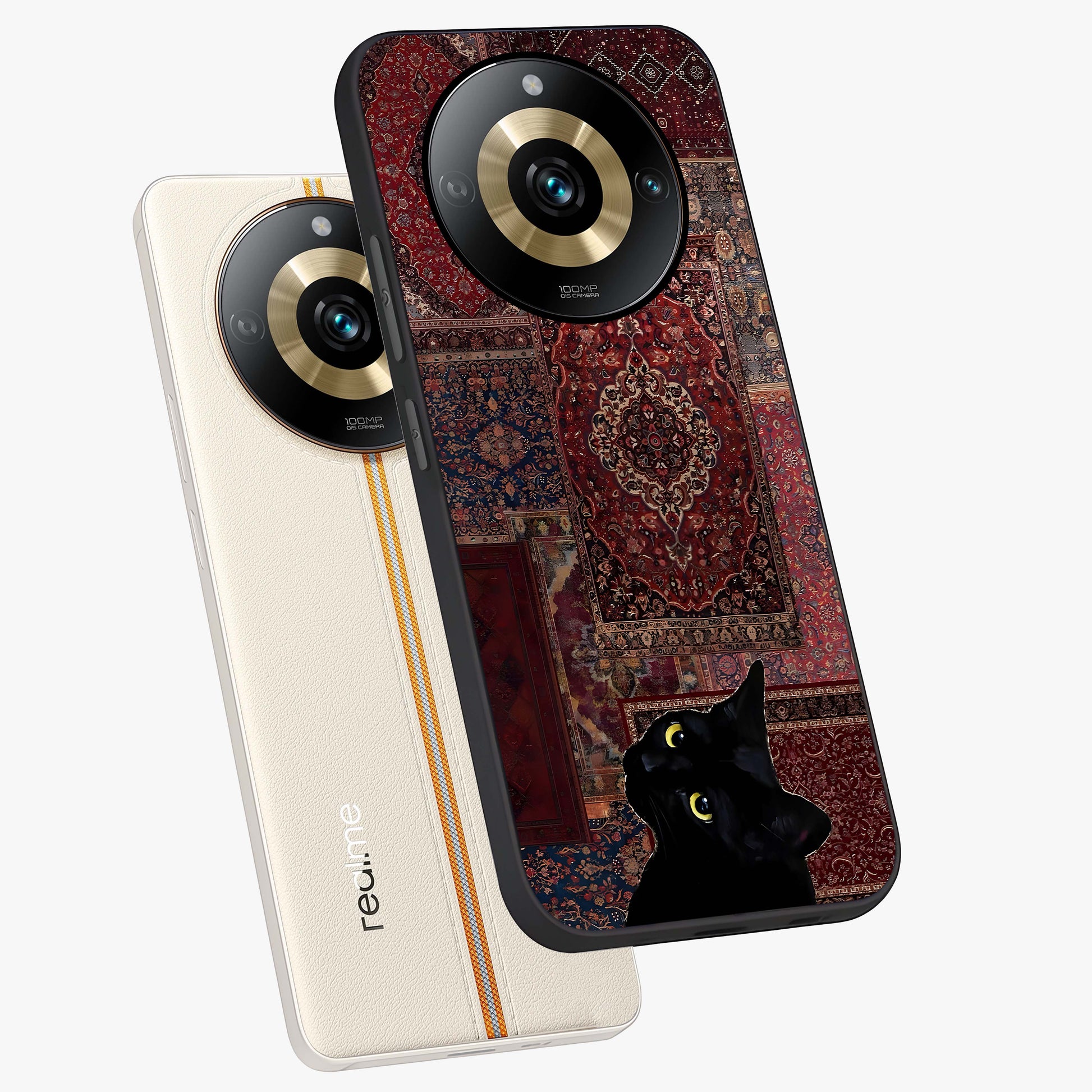 Regal Magic Cat Apple Glass Case displayed in angled mockup highlighting whimsical feline design with fantasy aesthetic.