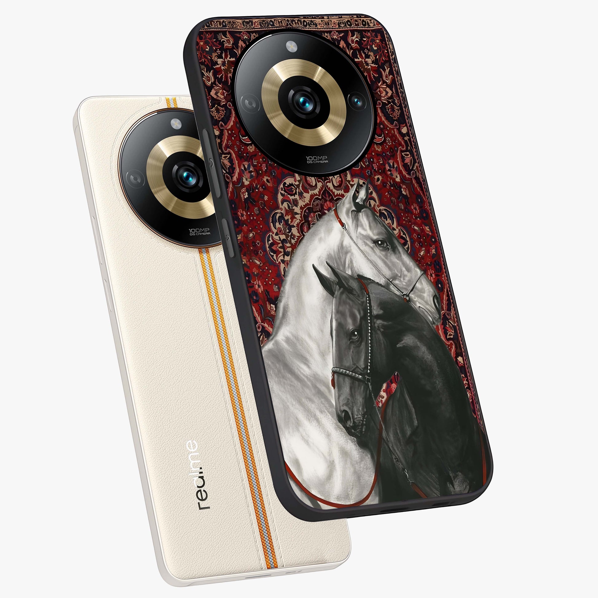 Regal Stallion Tapestry Glass Case displayed in angled mockup highlighting royal stallion design with decorative heritage aesthetic.