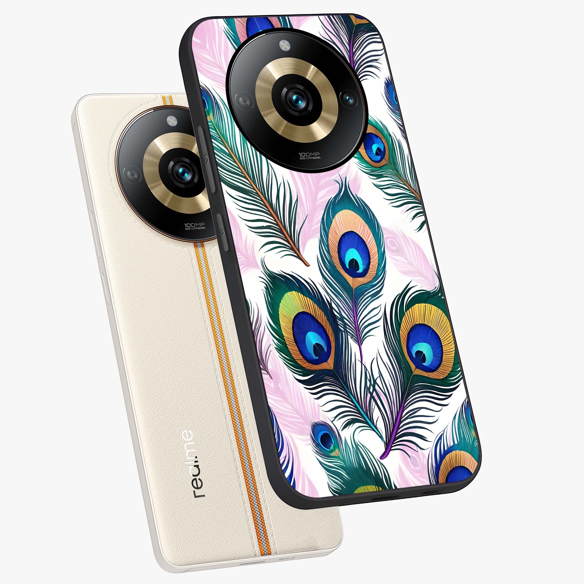 Royal Peacock Feathers Glass Case displayed in angled mockup highlighting vibrant feather pattern with regal aesthetic style.