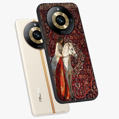 Royal Rider Tapestry Glass Case displayed in angled mockup highlighting traditional tapestry design with royal heritage aesthetic.