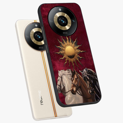 Solar Riders Glass Case displayed in angled mockup highlighting powerful rider illustration with radiant solar aesthetic.