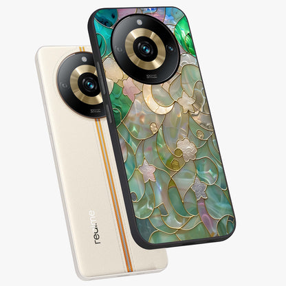Stained Sunrise Glow Glass Case displayed in angled mockup highlighting radiant sunrise design with artistic aesthetic style.