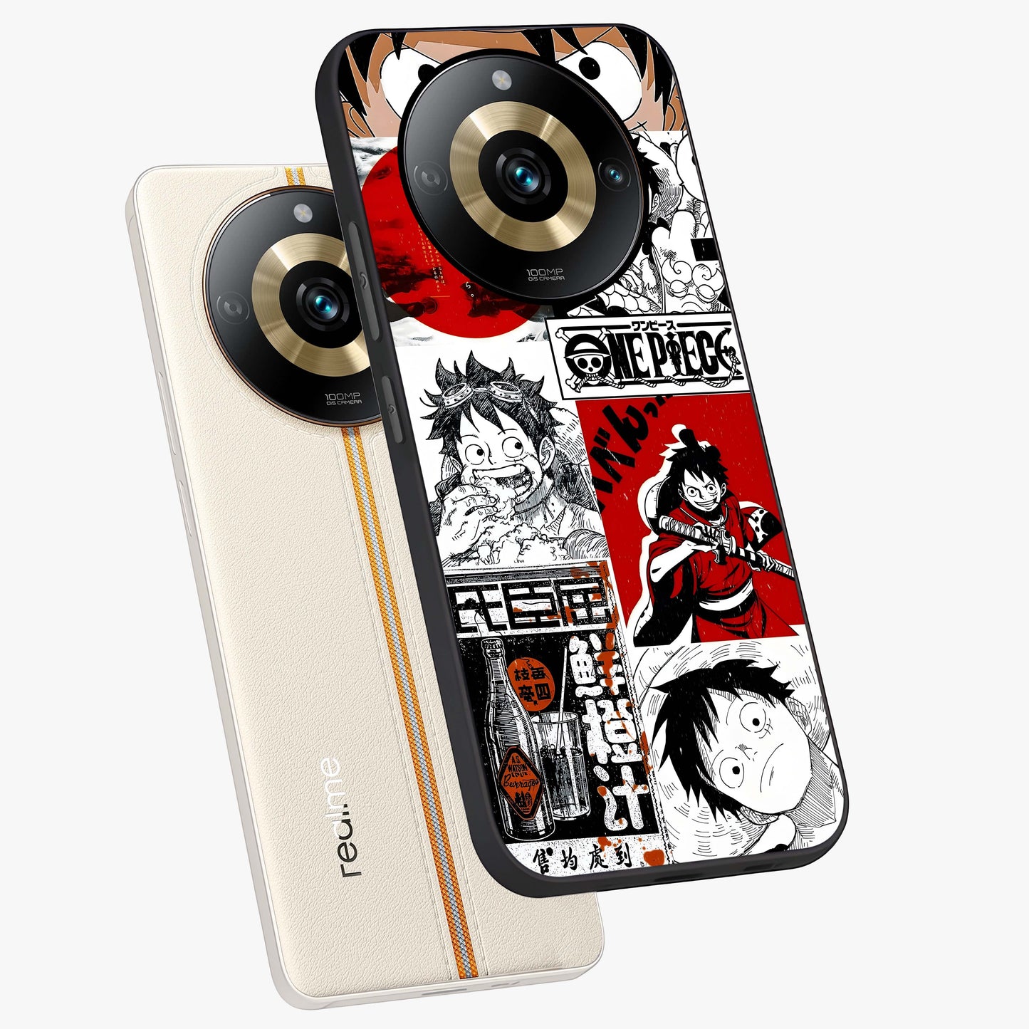 Strawhat Chaos Panels Glass Case displayed in angled mockup highlighting vibrant anime collage design with action aesthetic.