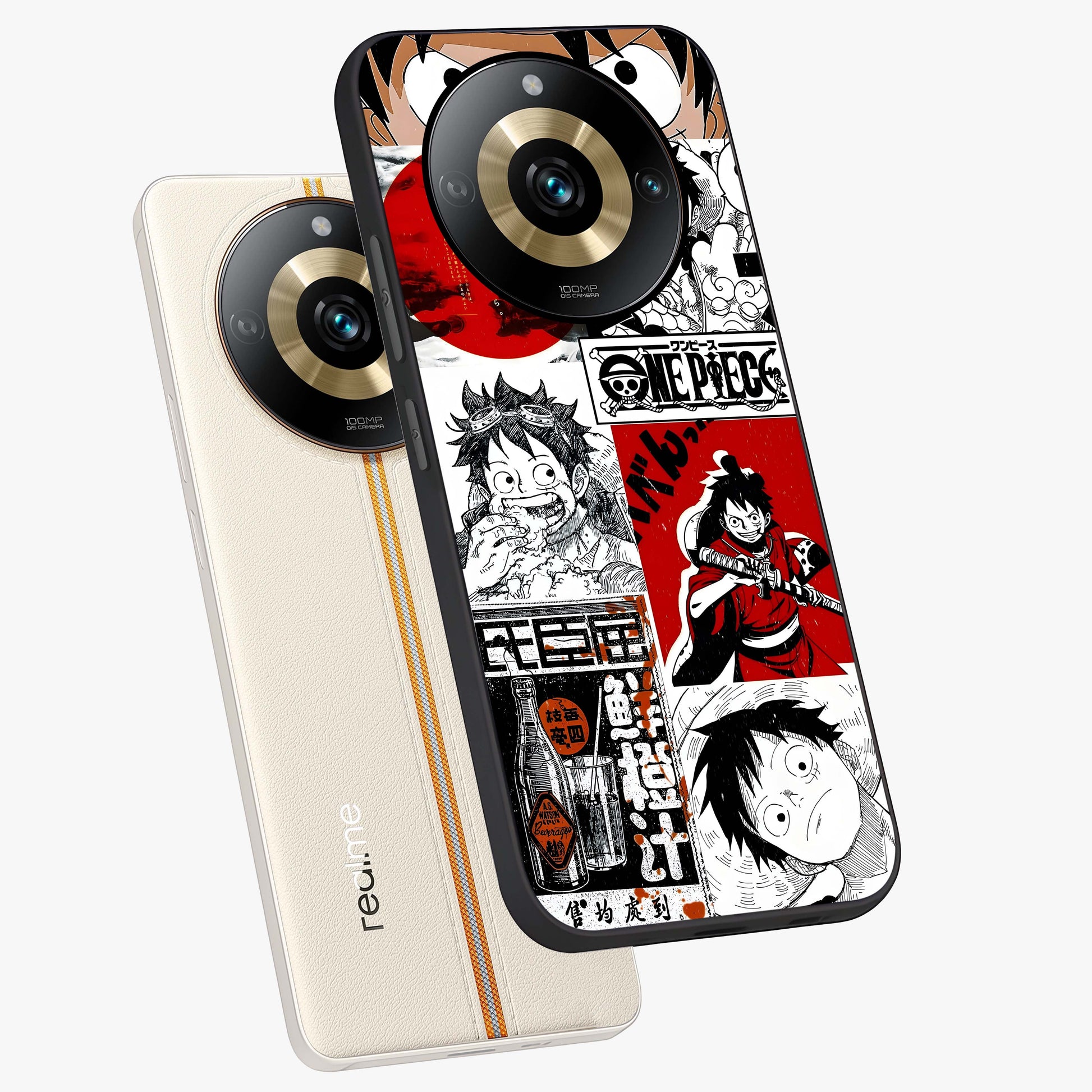 Strawhat Chaos Panels Glass Case displayed in angled mockup highlighting vibrant anime collage design with action aesthetic.