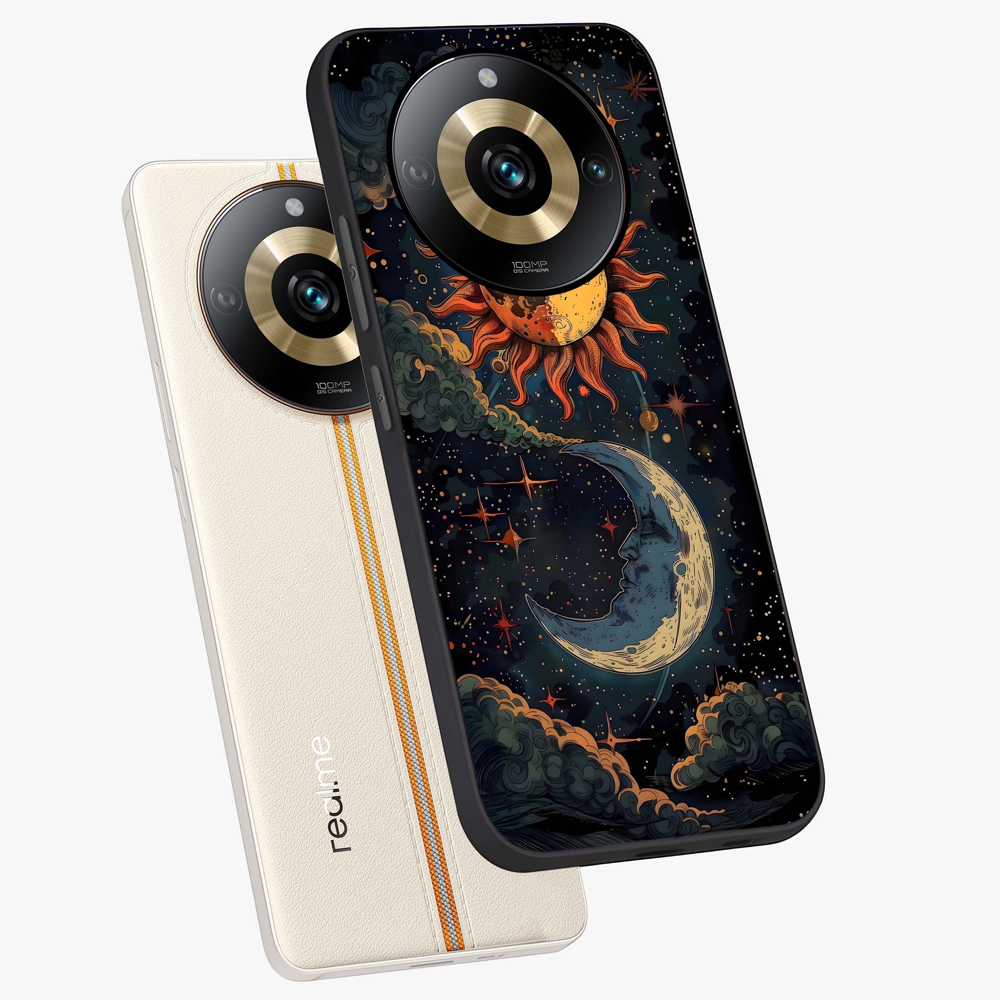 Sun And Moon Magic Design Glass Case displayed in angled mockup highlighting celestial design with magical cosmic aesthetic.