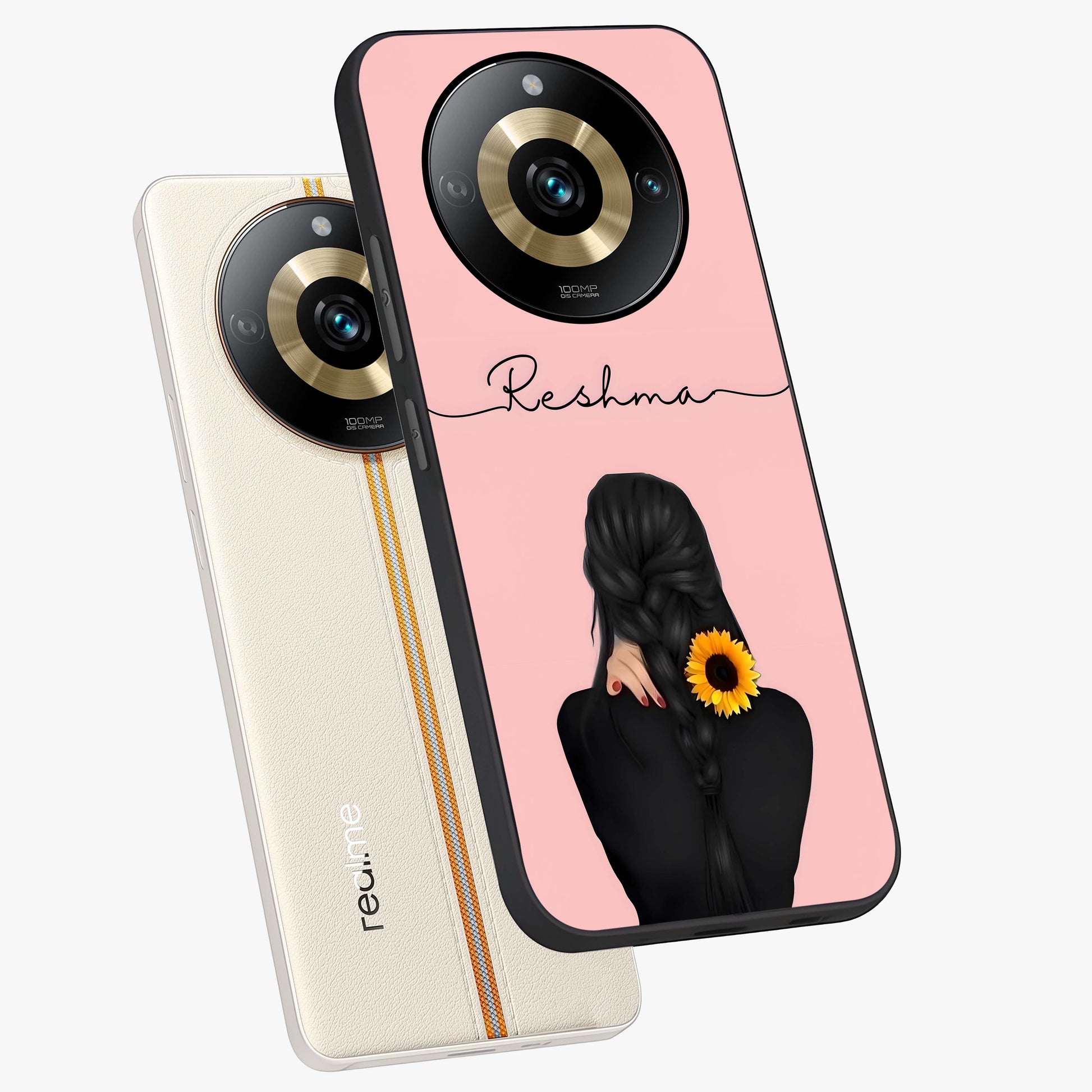 Sunflower Braid Beauty With Custom Name Glass Case displayed in angled mockup highlighting elegant sunflower design with custom name feature.
