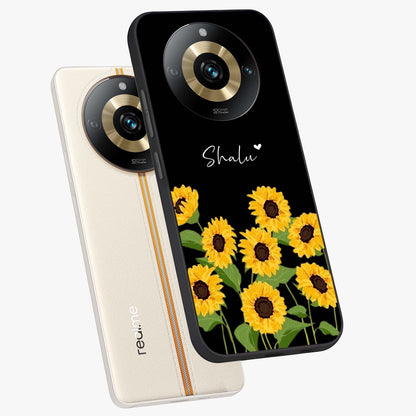 Sunflower Chic Mood Custom Name Glass Case displayed in angled mockup highlighting vibrant sunflower design with custom name feature.