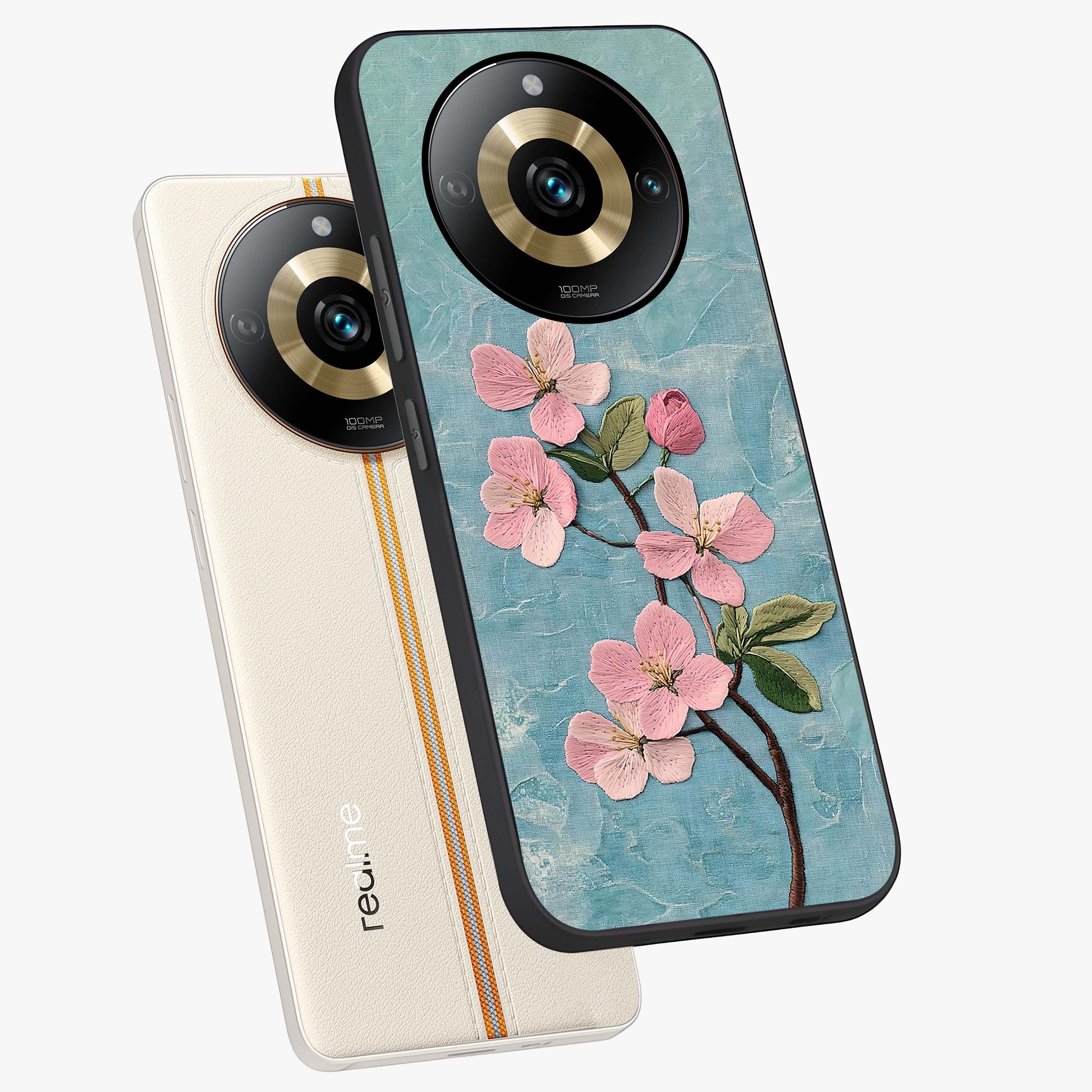 Threaded Blossom Breeze Glass Case displayed in angled mockup highlighting elegant floral design with soft aesthetic style.