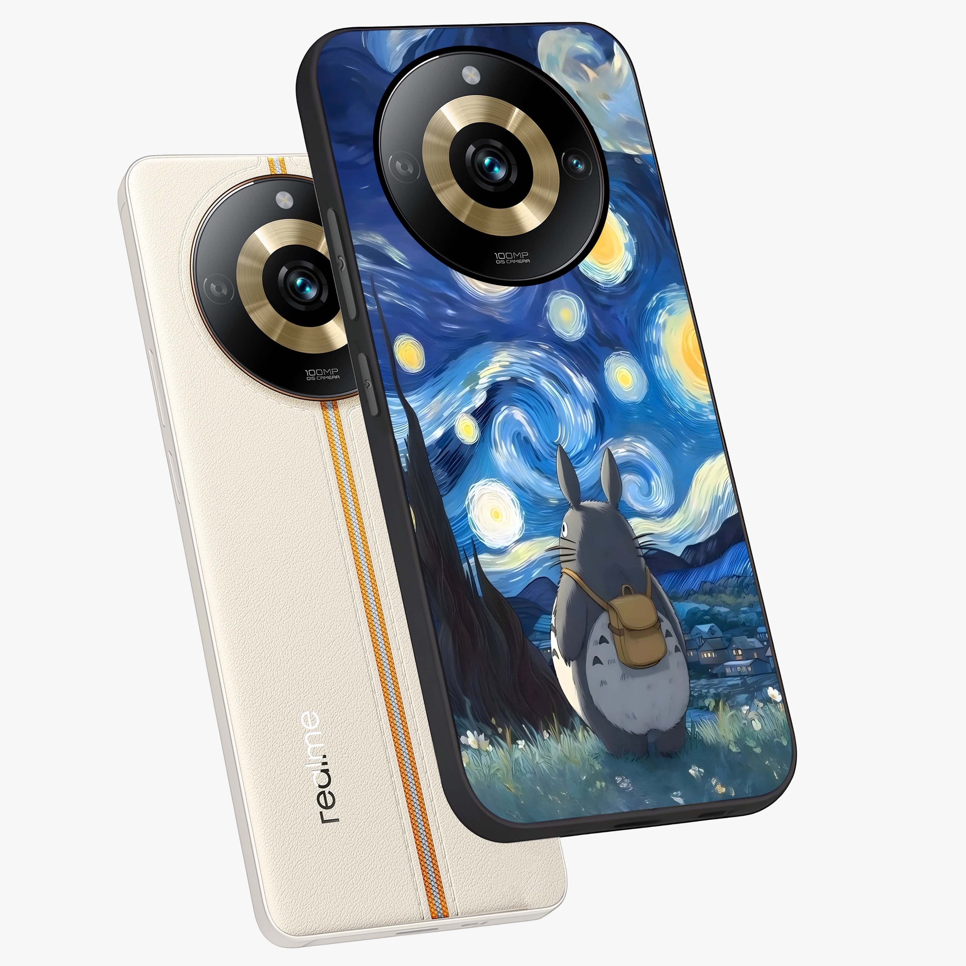 Totoro In Van Gogh Art Glass Case displayed in angled mockup highlighting artistic swirling sky design with playful animation aesthetic.