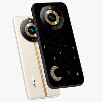 Twinkle Star With Half Moon Glass Case displayed in angled mockup highlighting celestial moon and star design with magical aesthetic.