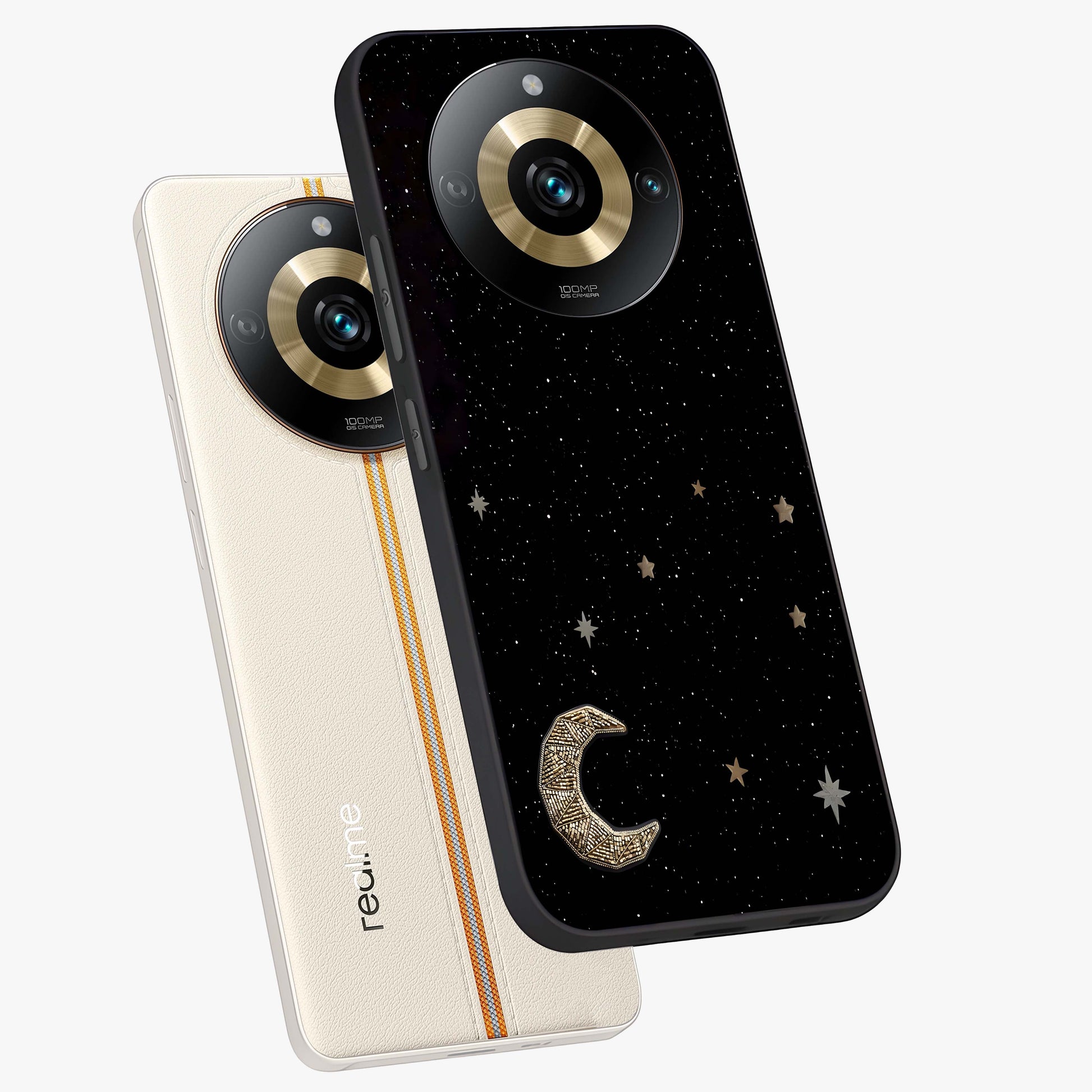 Twinkle Star With Half Moon Glass Case displayed in angled mockup highlighting celestial moon and star design with magical aesthetic.