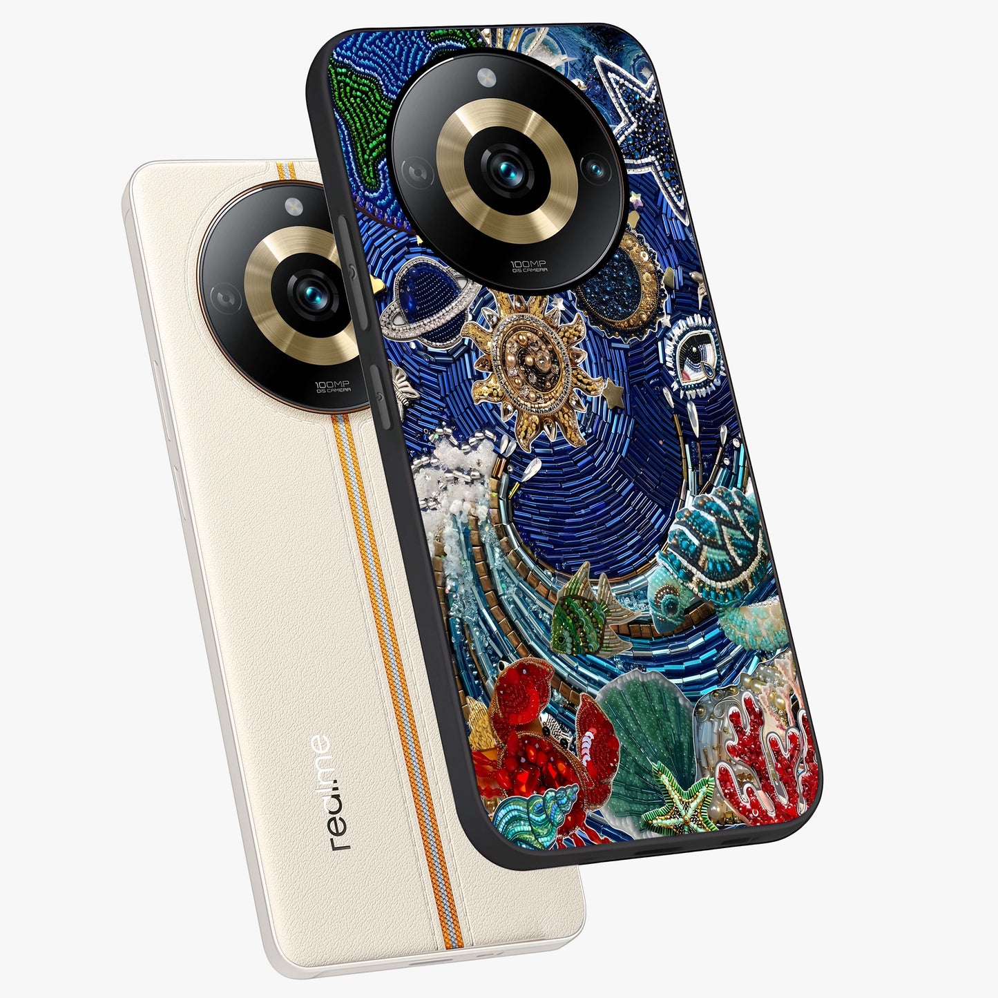 Universe Underwater Spark Glass Case displayed in angled mockup highlighting glowing aquatic design with celestial aesthetic.