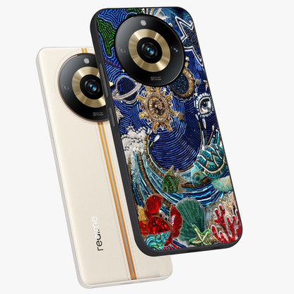 Universe Underwater Spark Glass Case displayed in angled mockup highlighting glowing aquatic design with celestial aesthetic.