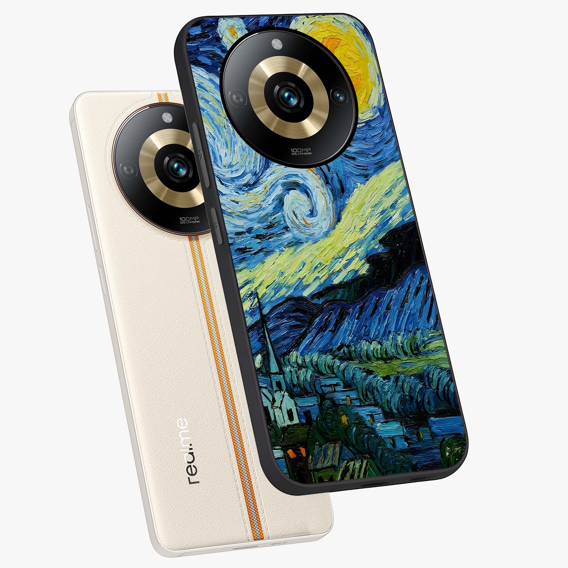 Van Gogh Art Glass Case displayed in angled mockup highlighting swirling brushstroke design with artistic aesthetic.