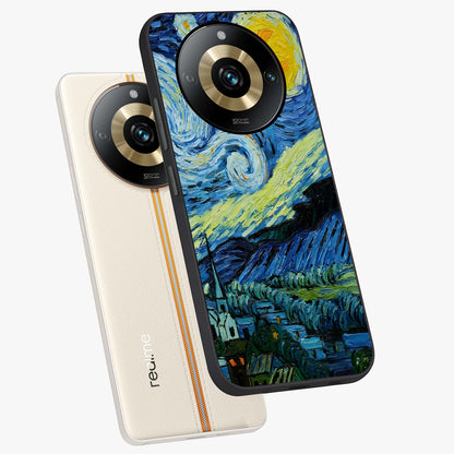 Van Gogh Art Glass Case displayed in angled mockup highlighting swirling brushstroke design with artistic aesthetic.