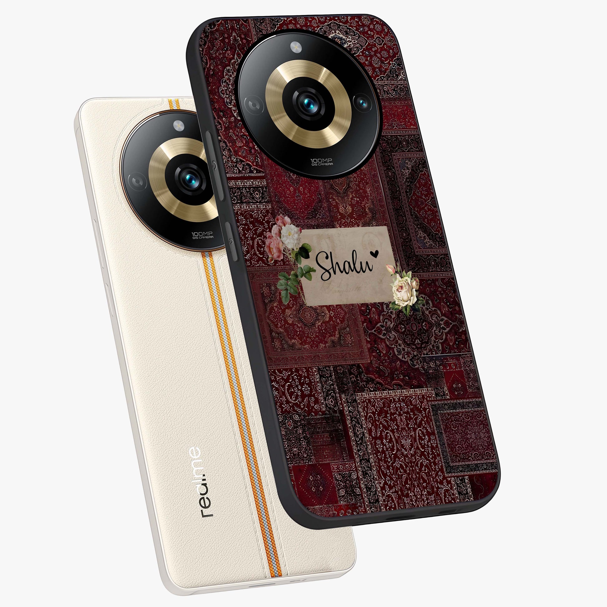 Velvet Wine Pattern Custom Name Glass Case displayed in angled mockup highlighting decorative velvet inspired design with custom name feature.