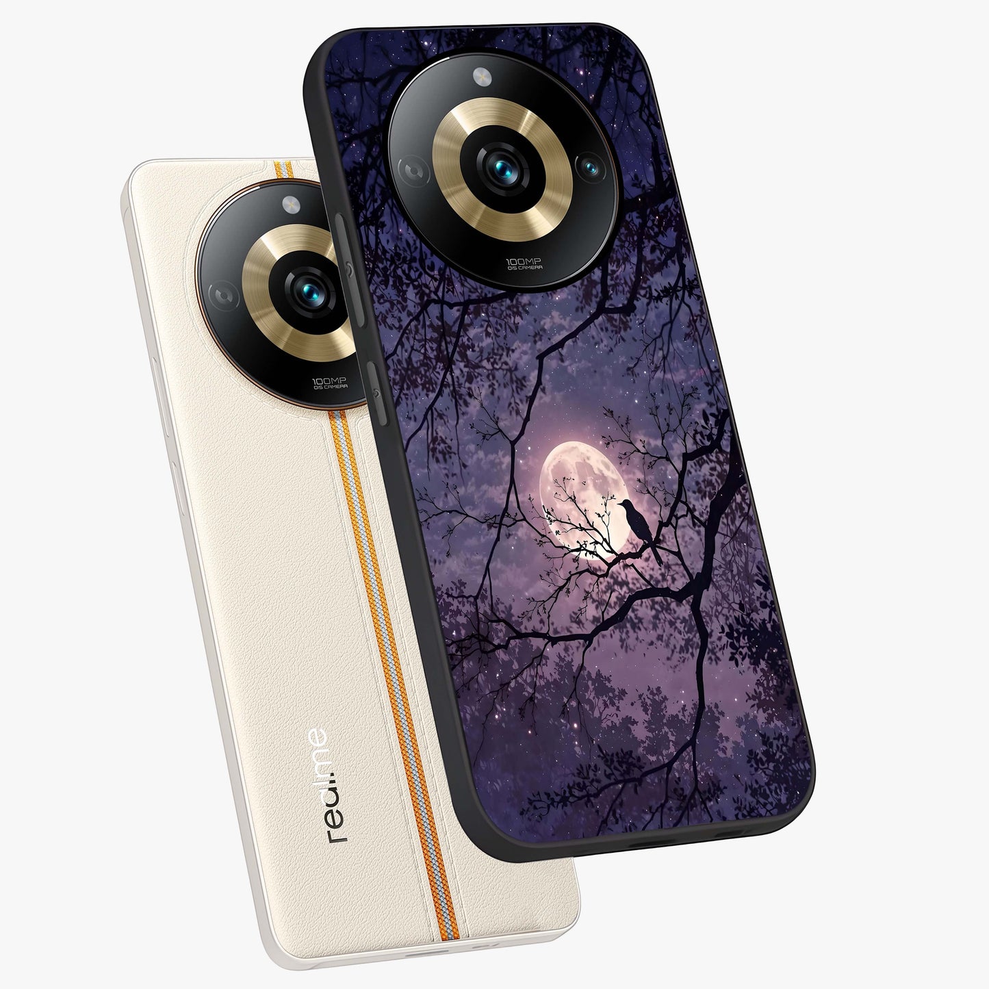 Whispering Moon Silence Glass Case displayed in angled mockup highlighting calm lunar design with dreamy night aesthetic.