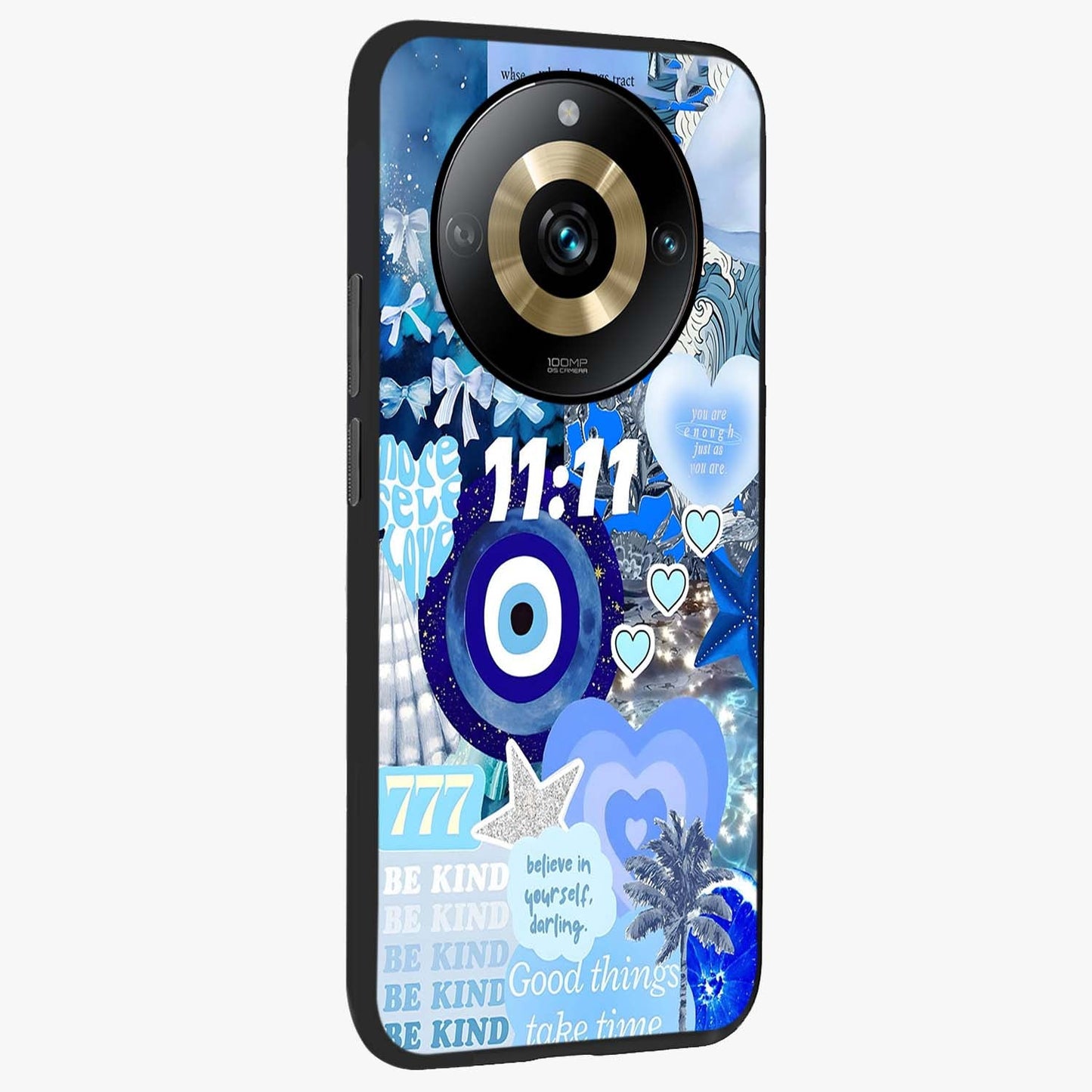 Aesthetic Be Kind Eye Glass Case upright view showcasing stylish eye illustration with positive message theme.