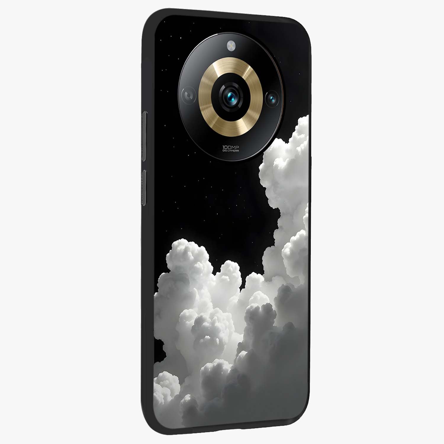 Black Background With White Cloud Glass Case upright view showcasing calm cloud aesthetic with modern minimal style.