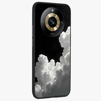 Black Background With White Cloud Glass Case upright view showcasing calm cloud aesthetic with modern minimal style.