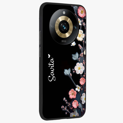 Black Elegance Floral Custom Name Glass Case upright view showcasing luxurious black floral design with personalized name detail.
