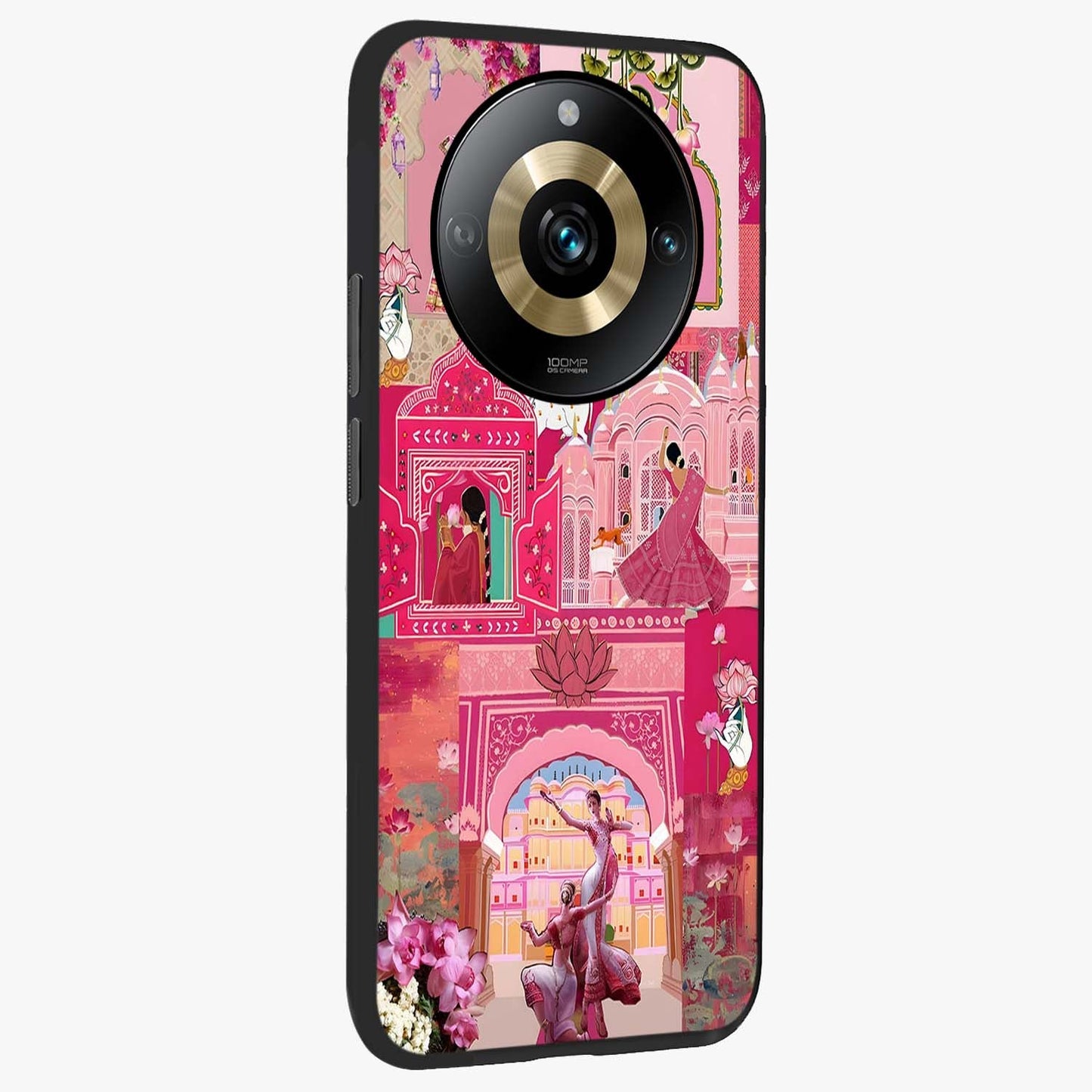 Blossoms of Rajasthan Glass Case upright view showcasing colorful floral design inspired by traditional Indian art.