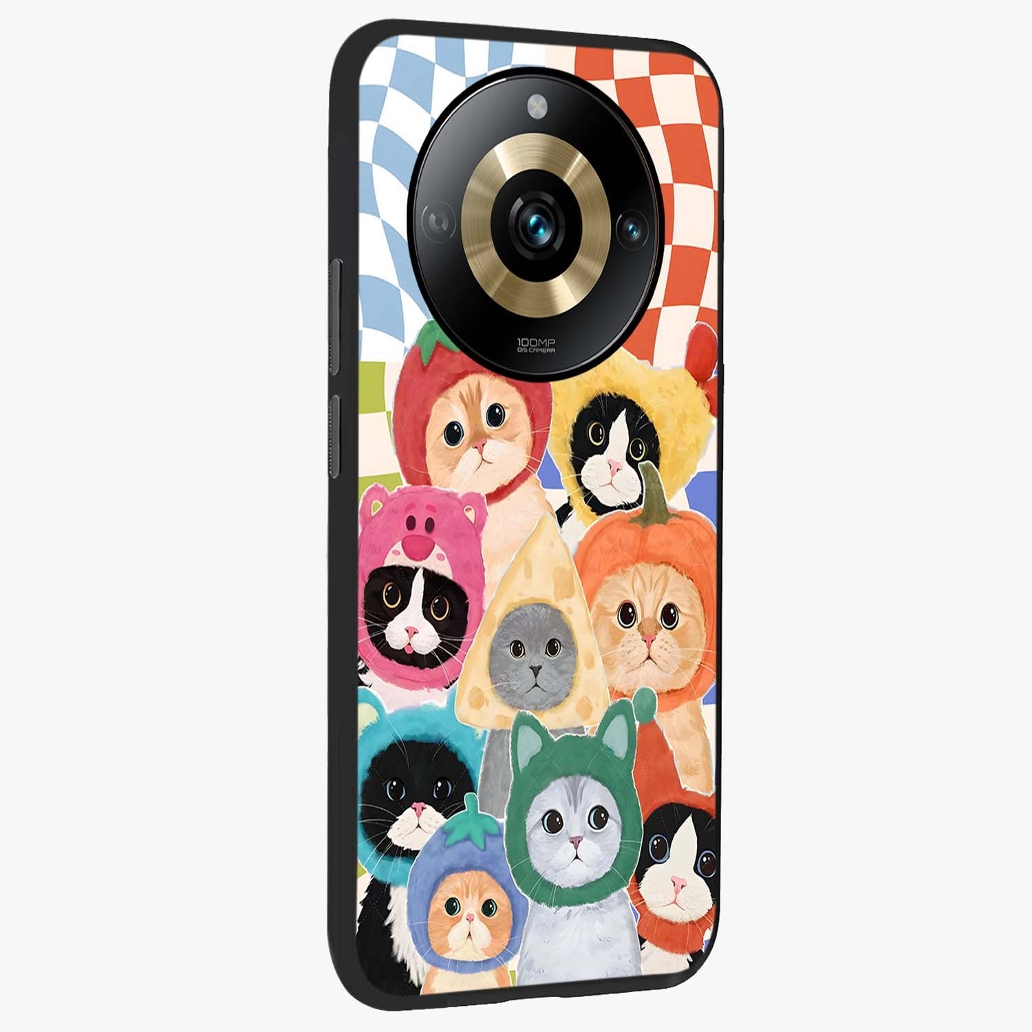 Cats in Fruits Glass Case upright view showcasing charming cat artwork with fun fruity theme.