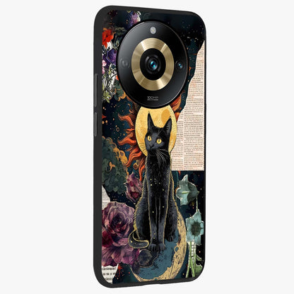 Celestial Black Cat Glass Case upright view showcasing magical black cat illustration with starry cosmic theme.