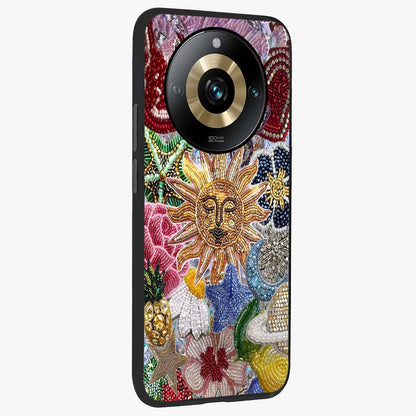 Celestial Floral and Playful Glass Case upright view showcasing whimsical floral artwork with cosmic aesthetic theme.