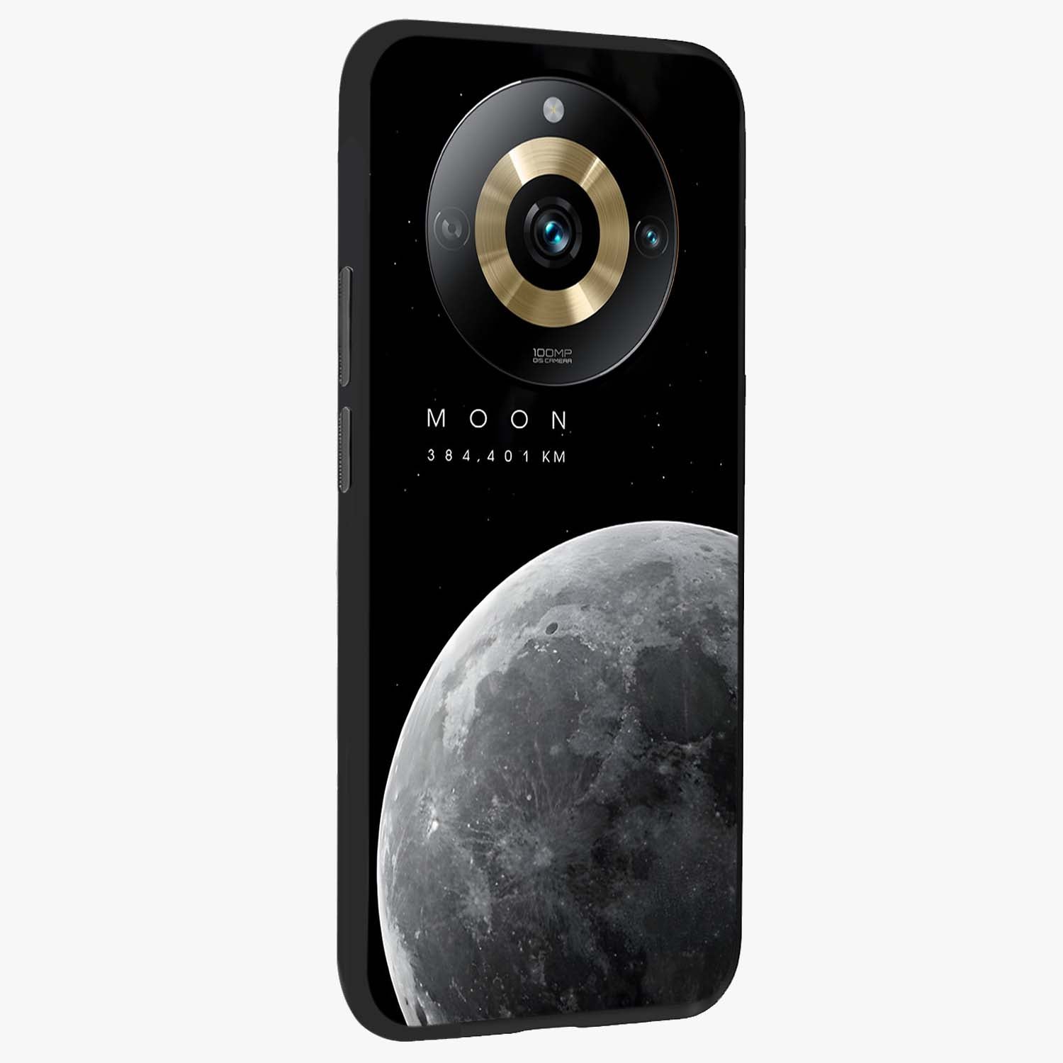 Cosmic Moon Glow Glass Case upright view showcasing luminous moon illustration with dreamy cosmic style.