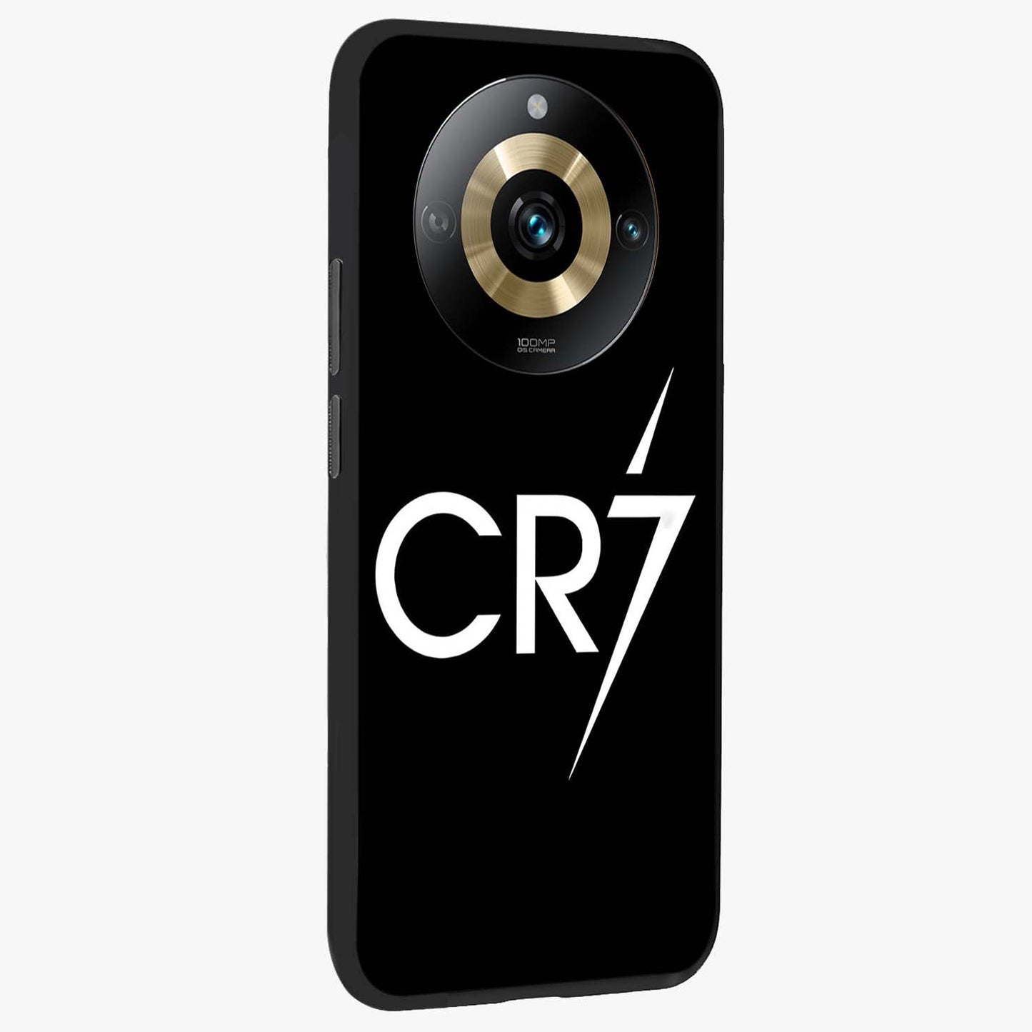 Cr7 Elite Strike Glass Case upright view showcasing energetic football inspired design with modern sports aesthetic.