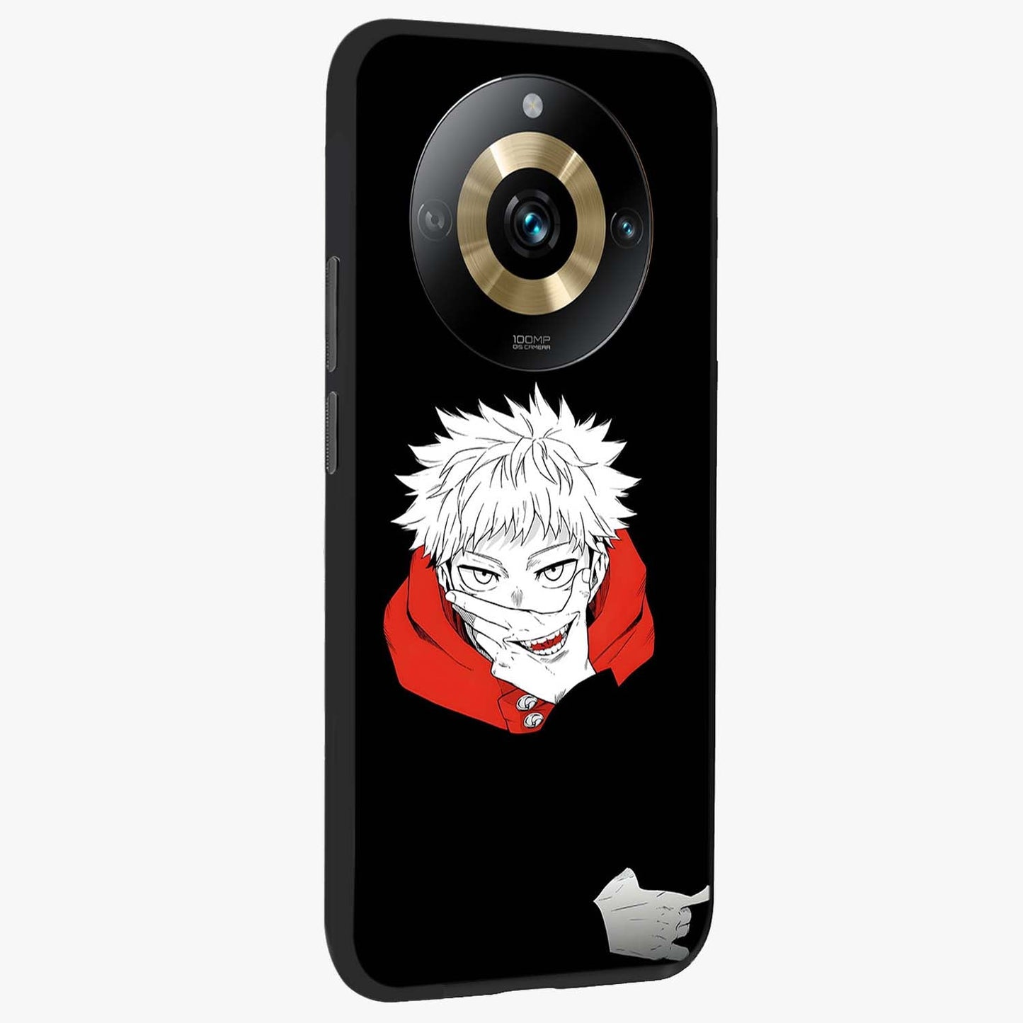 Crimson Chaos Smile Glass Case upright view showcasing expressive chaotic artwork with striking visual theme.