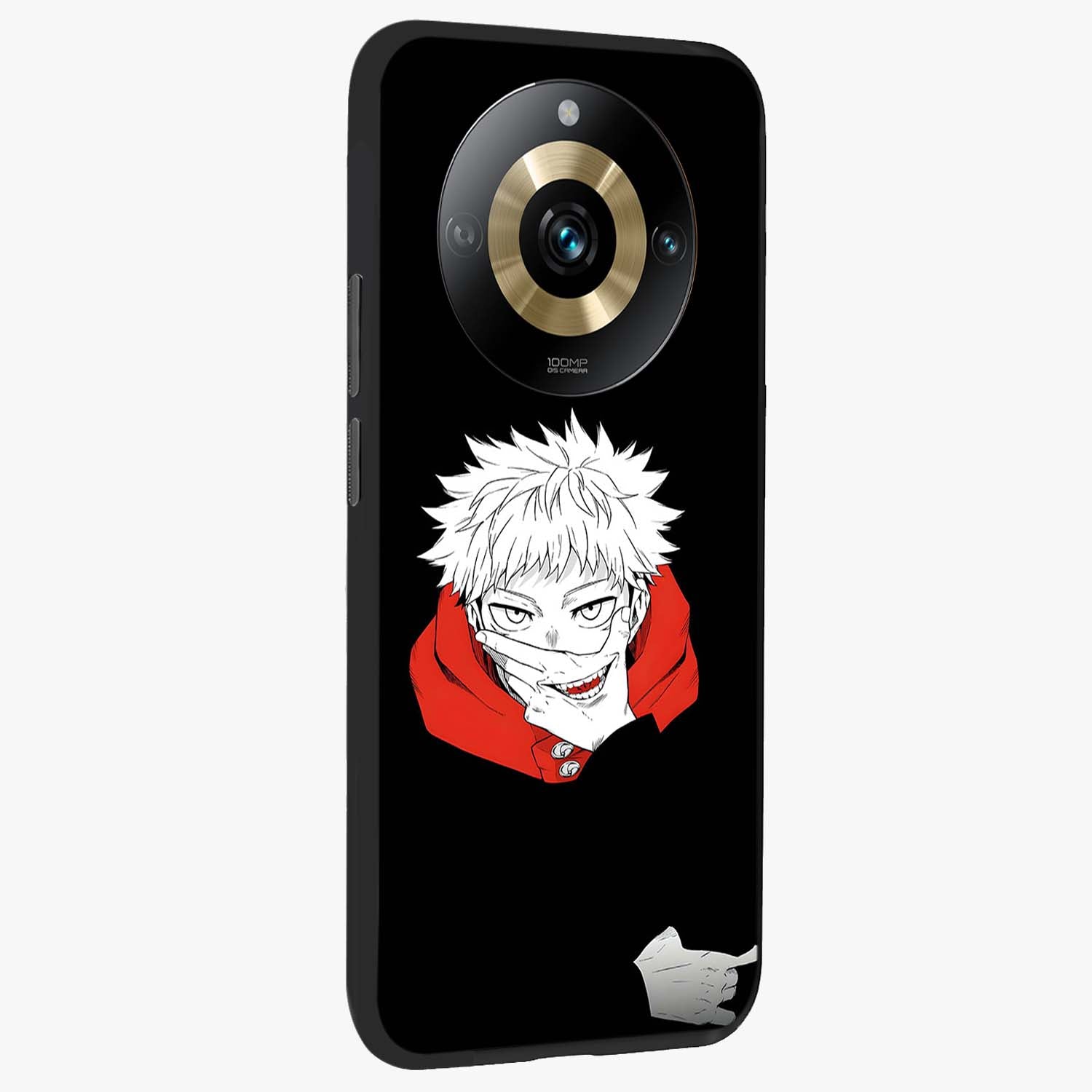 Crimson Chaos Smile Glass Case upright view showcasing expressive chaotic artwork with striking visual theme.